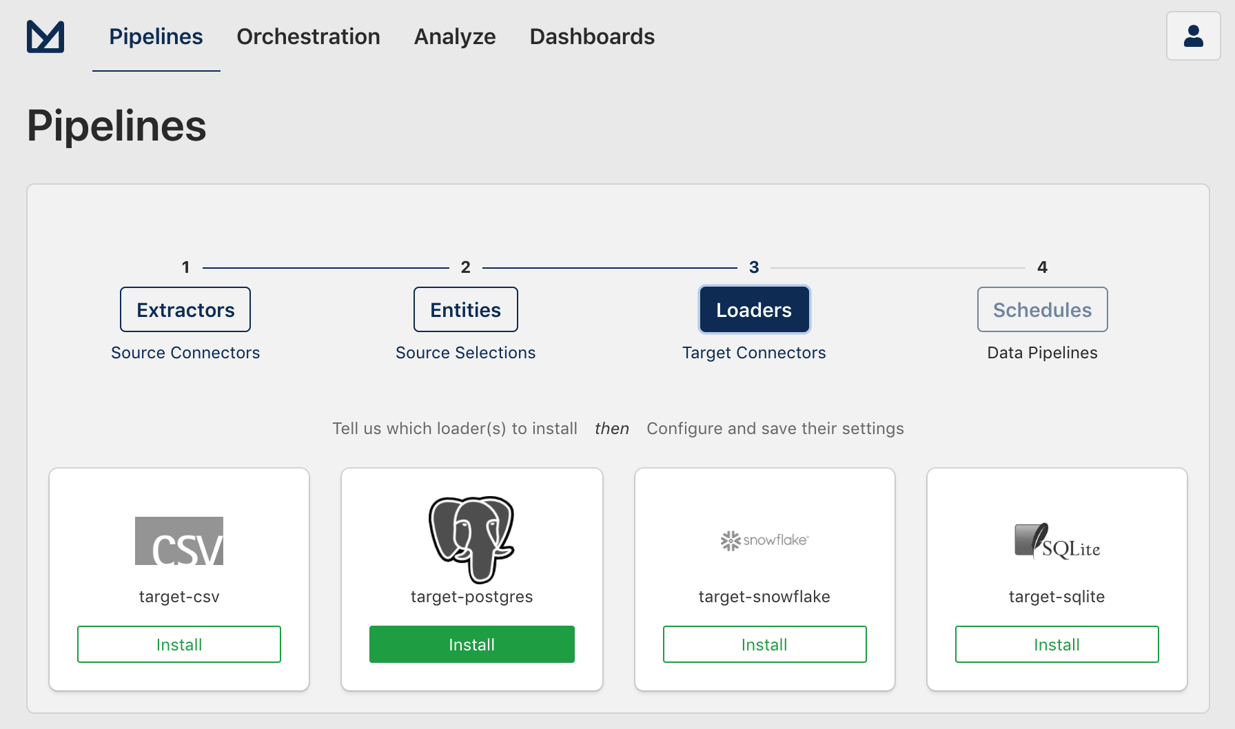 Meltano UI pipeline select PostgreSQL loader